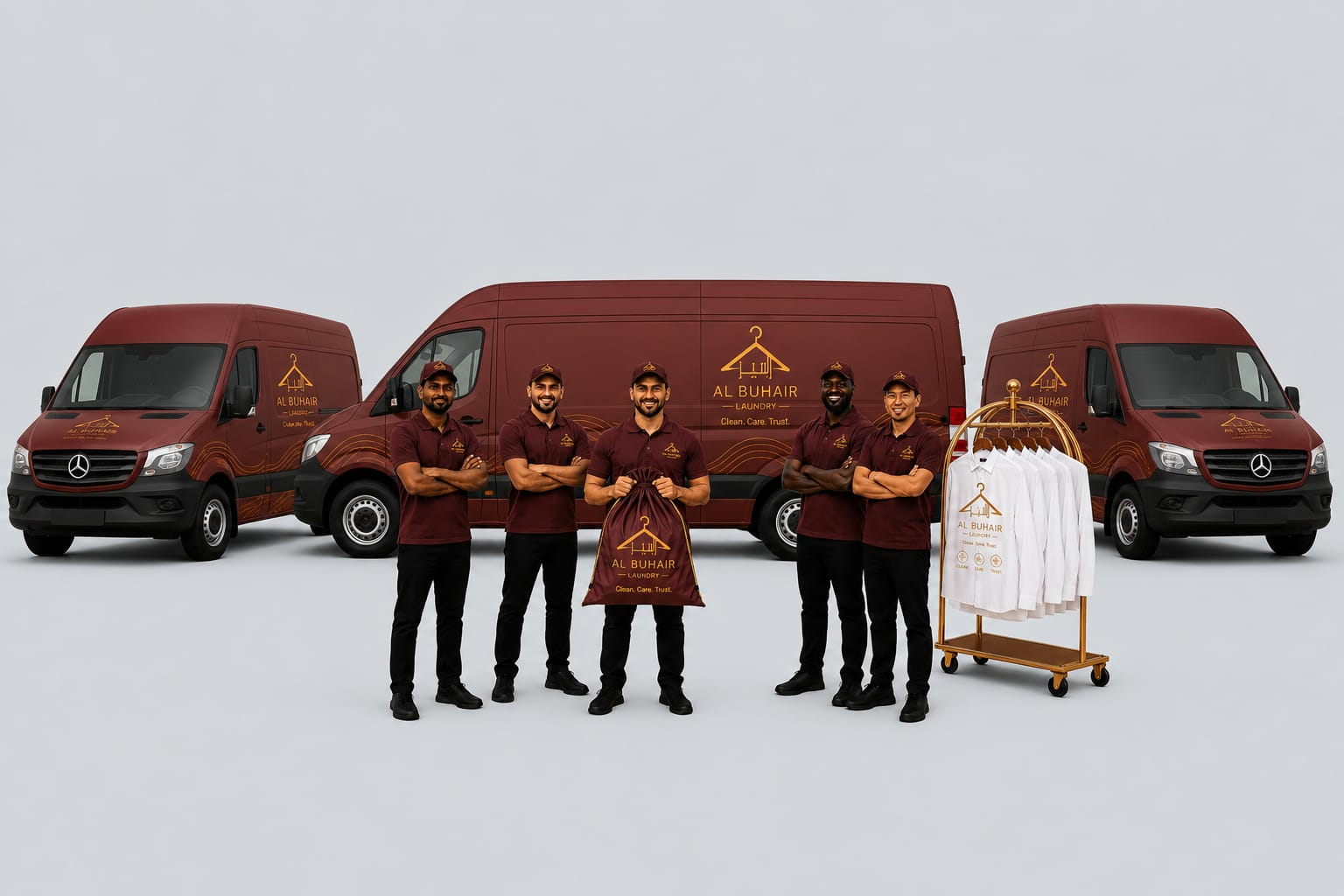 Al Buhair laundry team with delivery vans and freshly cleaned garments